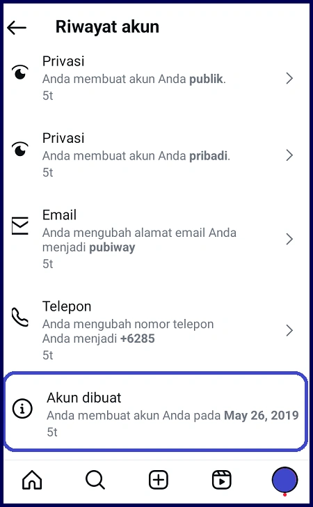 Riwayat akun instagram waktu pembuatan detail